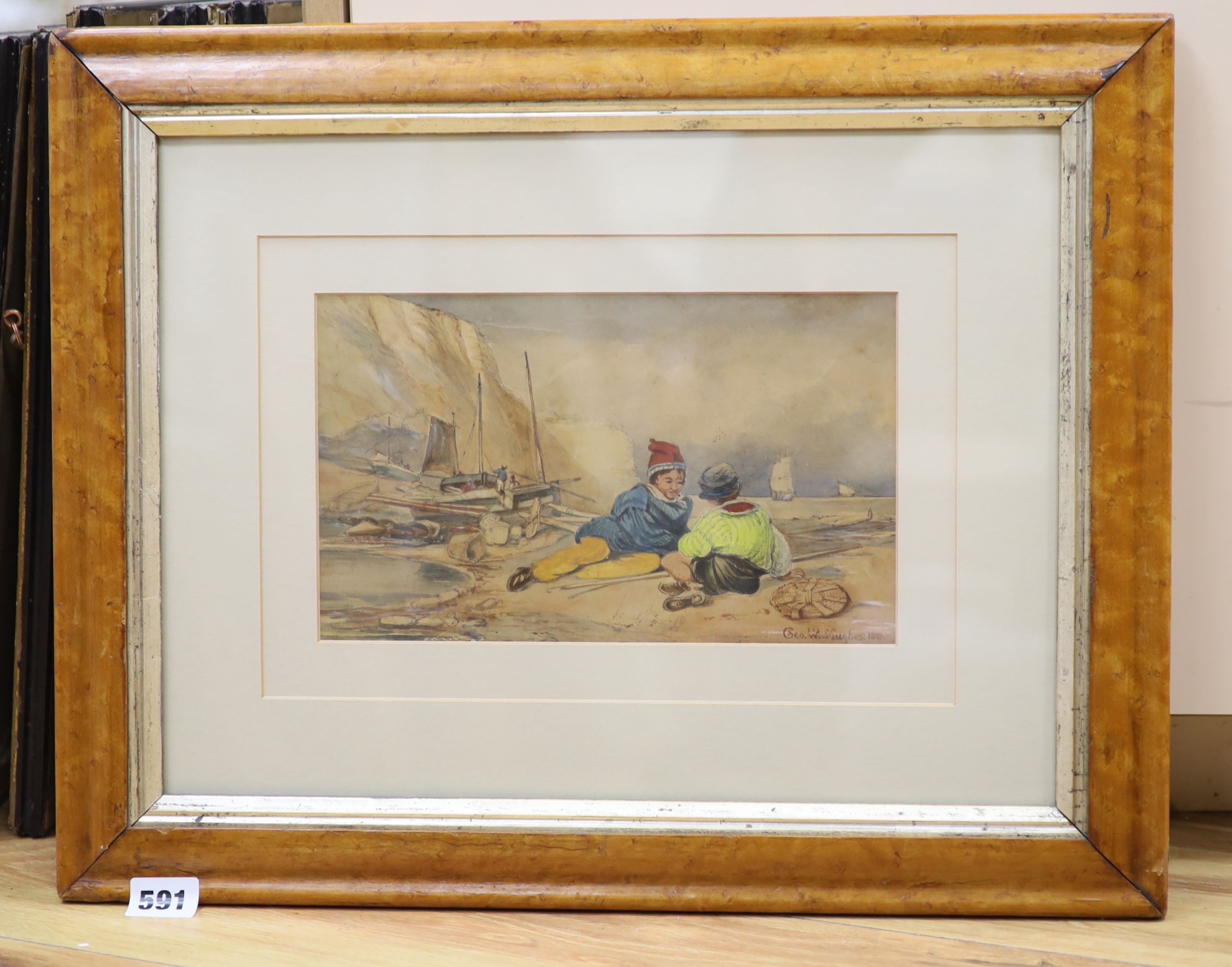 George W. Hughes (fl.1813-58), watercolour, Fisherboys on the shore, signed and dated 1809, 15 x 25cm